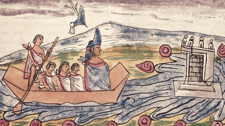 Painting of Moctezuma II rowing across lake in boat