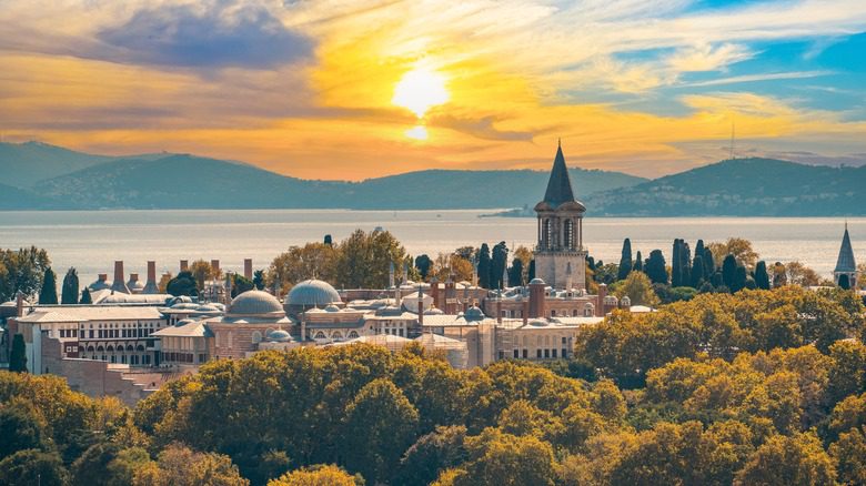 Topkapi Palace at sunrise with sea in background, Istanbul